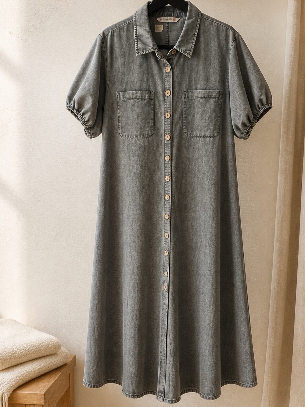 Washed jeans Button-Front Maxi Dress with Puff Sleeves